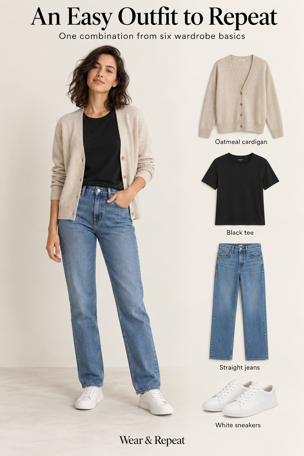 Generated model wearing the soft layered denim outfit beside a four-item breakdown