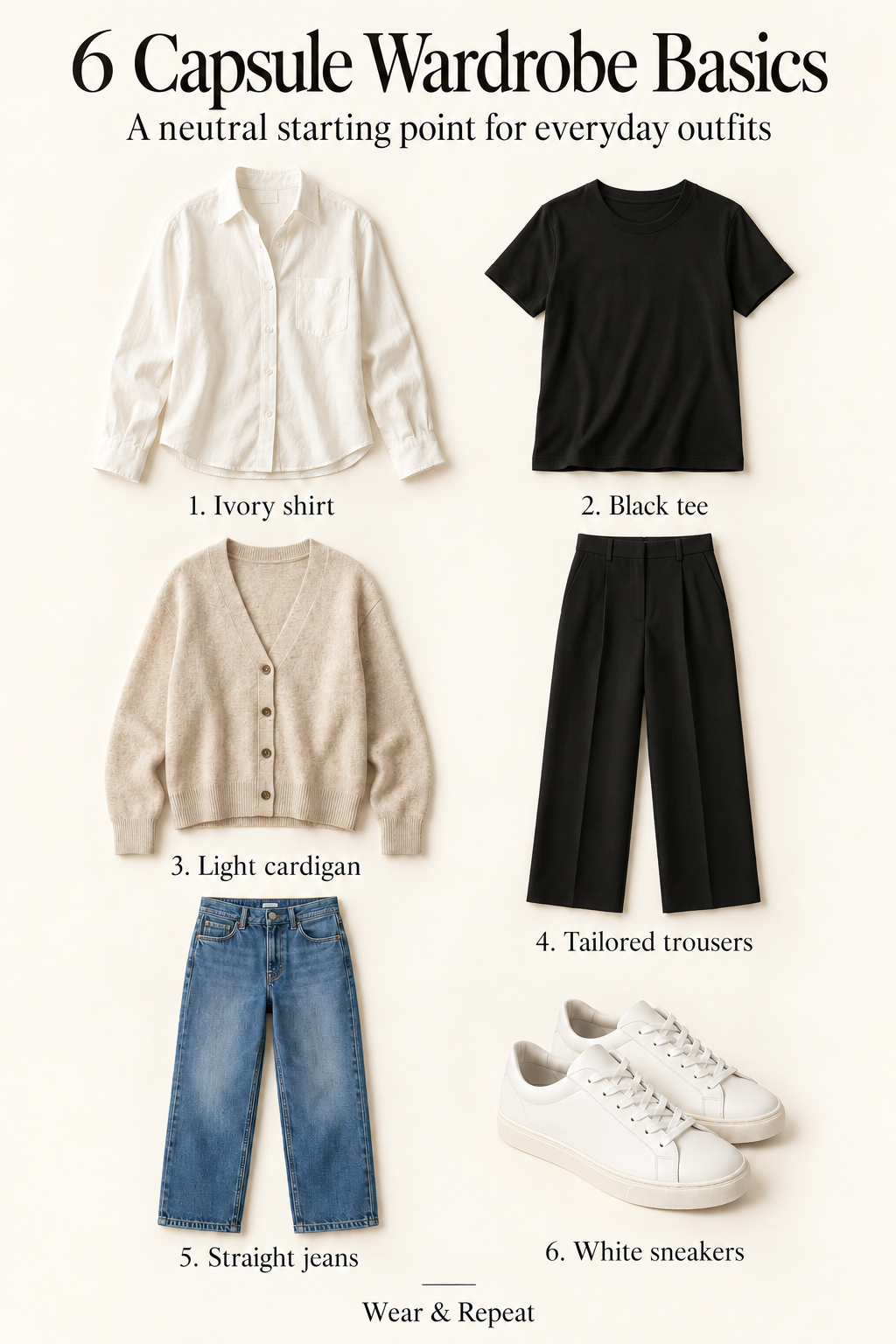 Six illustrated capsule categories with item labels